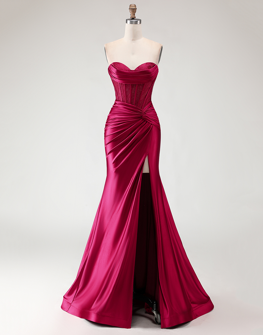 Sparkly Blush Beaded Corset Satin Mermaid Long Prom Dress with Slit