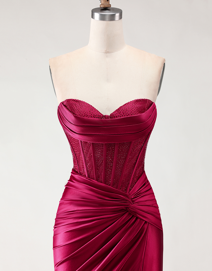 Sparkly Blush Beaded Corset Satin Mermaid Long Prom Dress with Slit