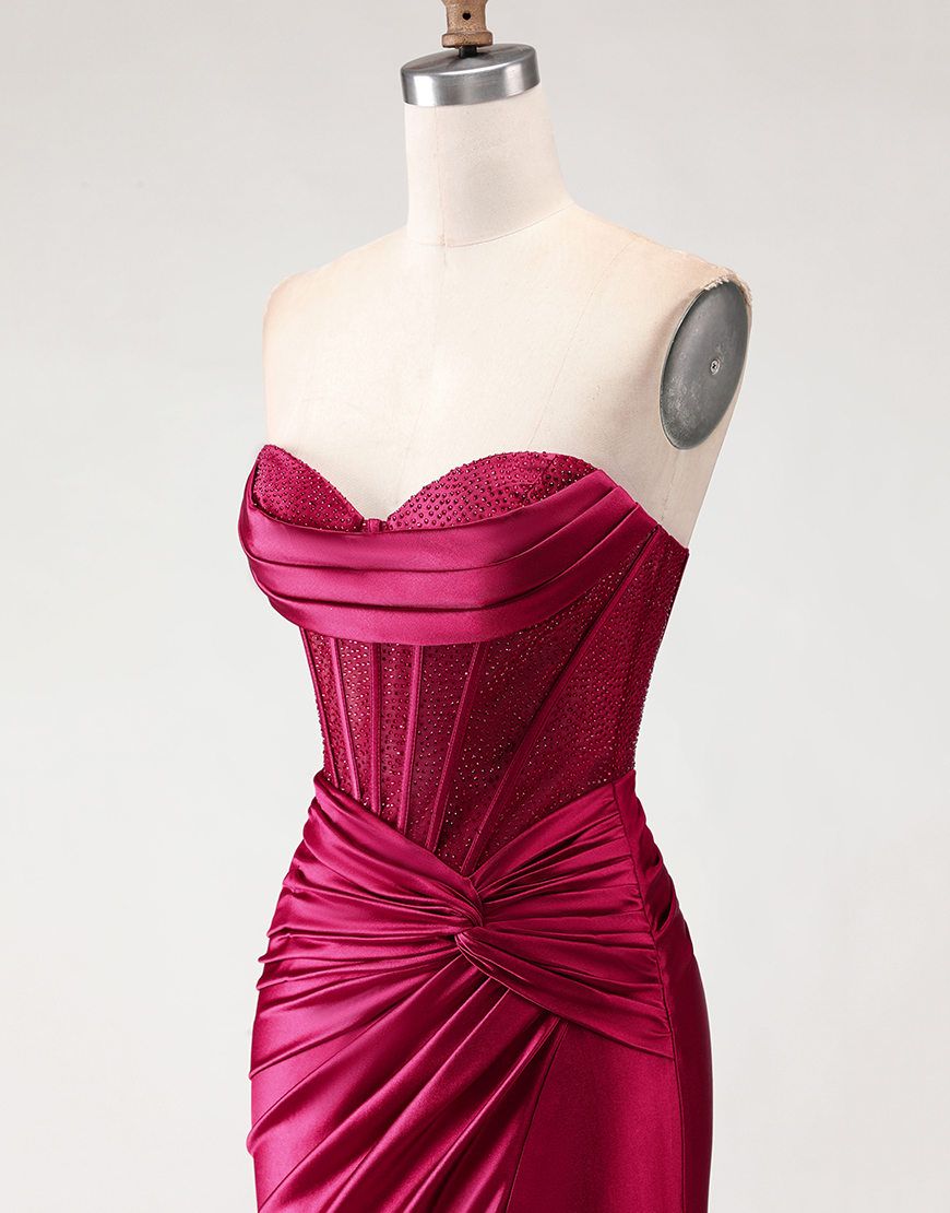 Sparkly Blush Beaded Corset Satin Mermaid Long Prom Dress with Slit