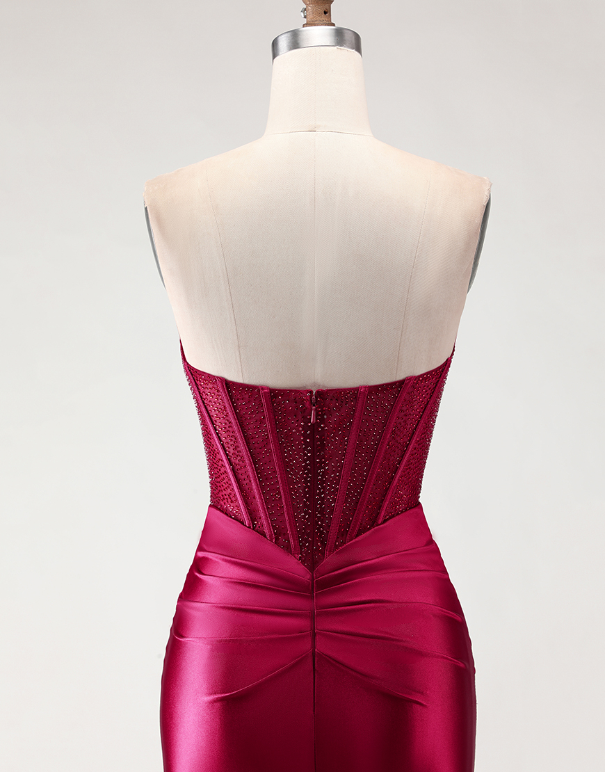 Sparkly Blush Beaded Corset Satin Mermaid Long Prom Dress with Slit