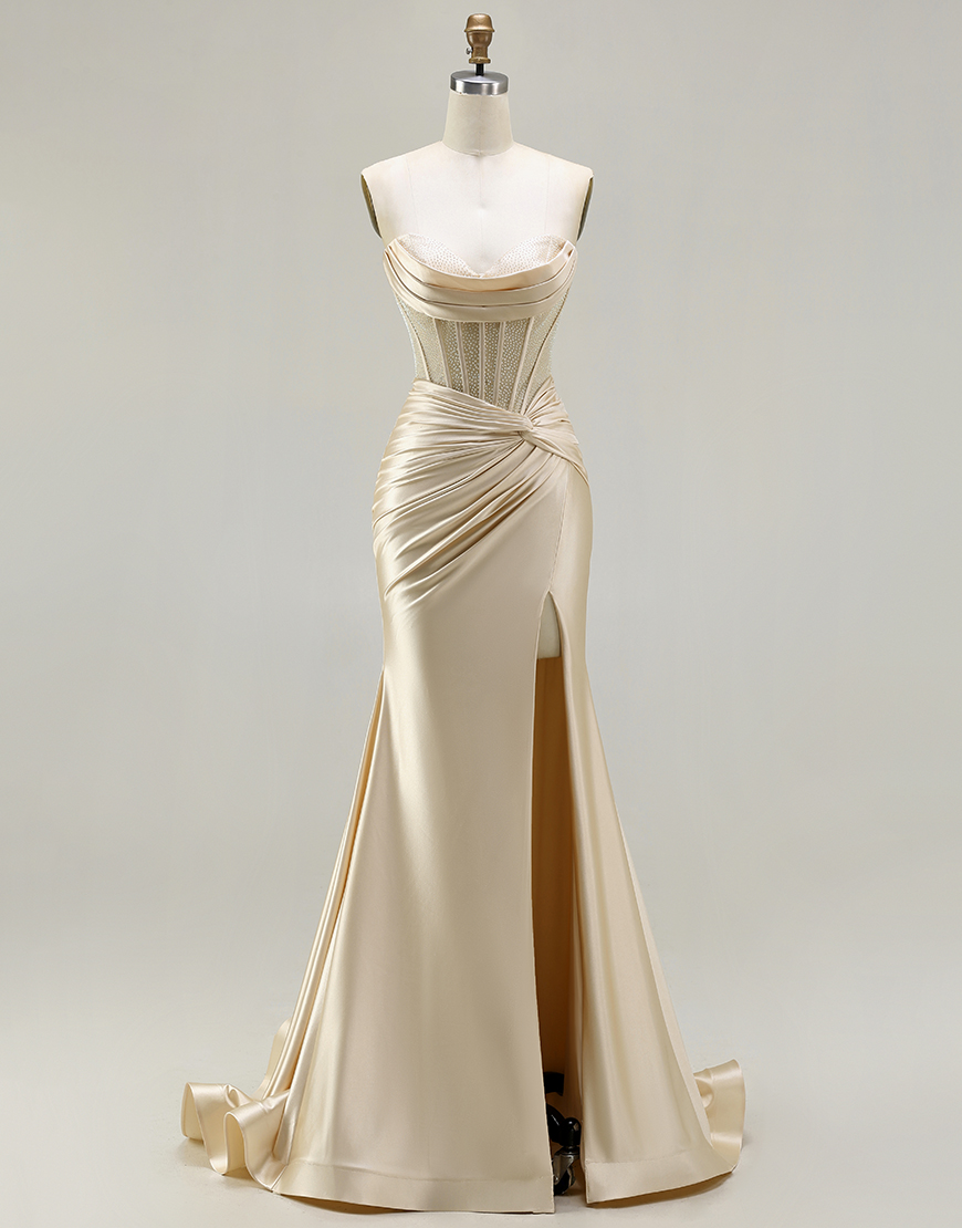 Champagne Mermaid Corset Long Satin Prom Dress with Slit