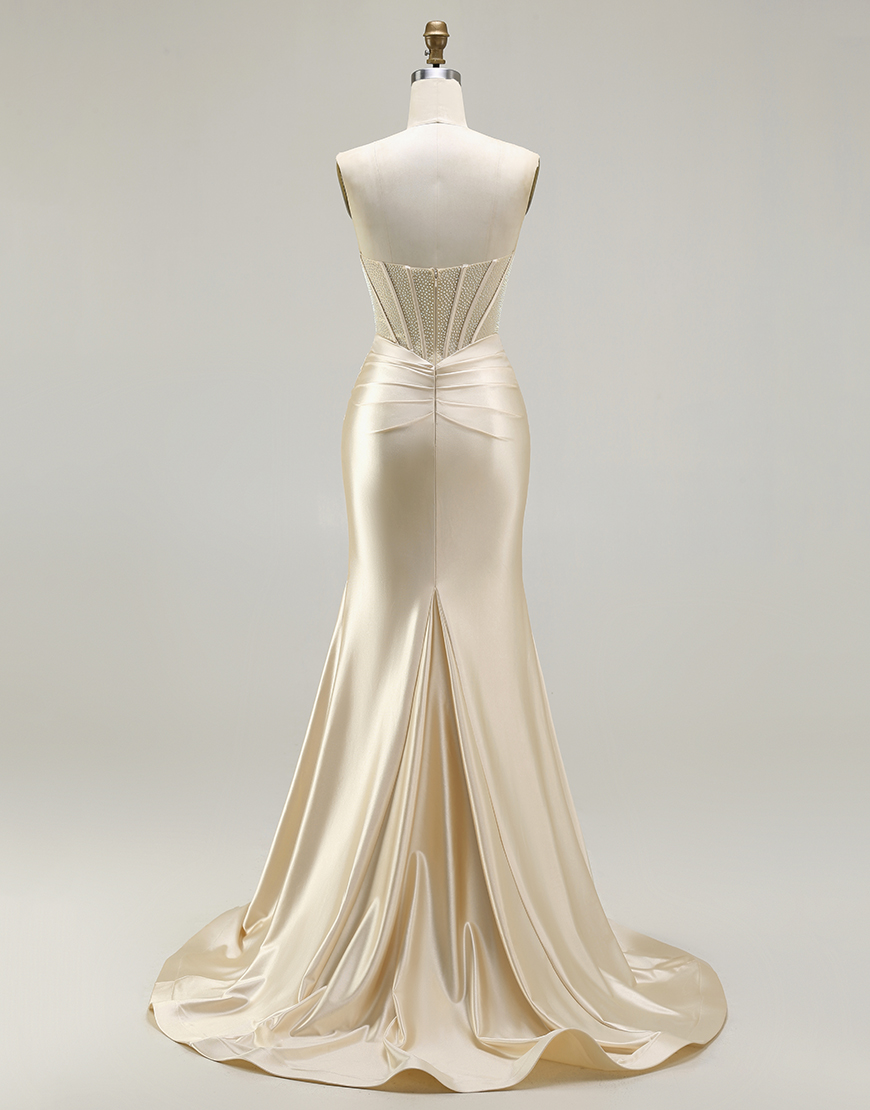 Champagne Mermaid Corset Long Satin Prom Dress with Slit