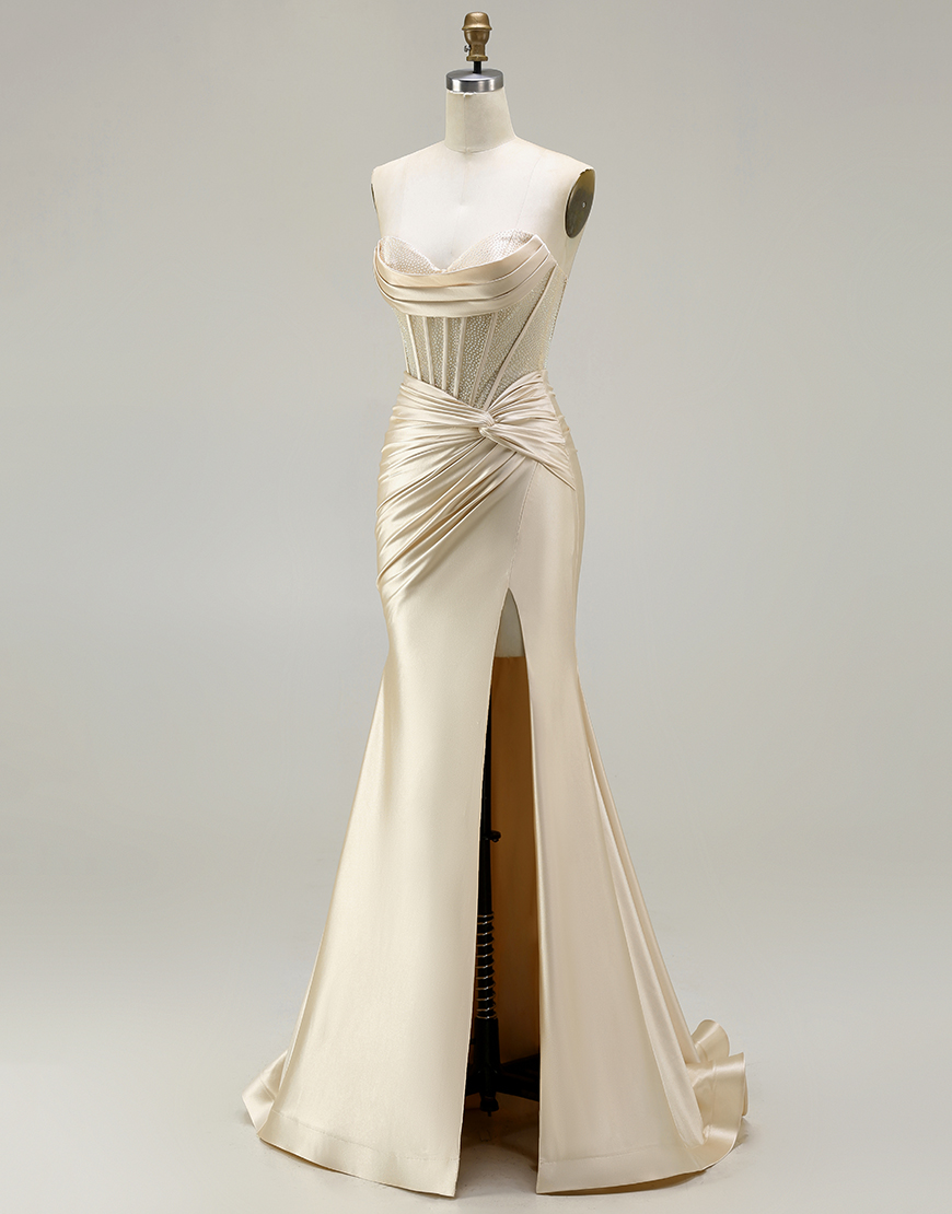 Sparkly Blush Beaded Corset Satin Mermaid Long Prom Dress with Slit