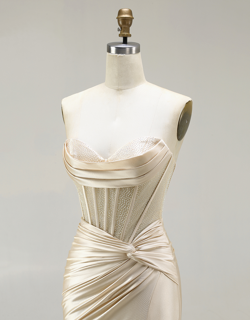 Sparkly Blush Beaded Corset Satin Mermaid Long Prom Dress with Slit