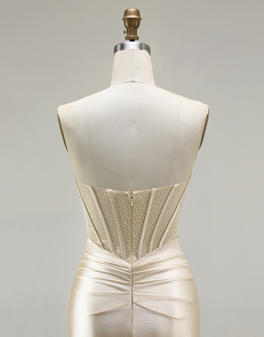 Sparkly Blush Beaded Corset Satin Mermaid Long Prom Dress with Slit