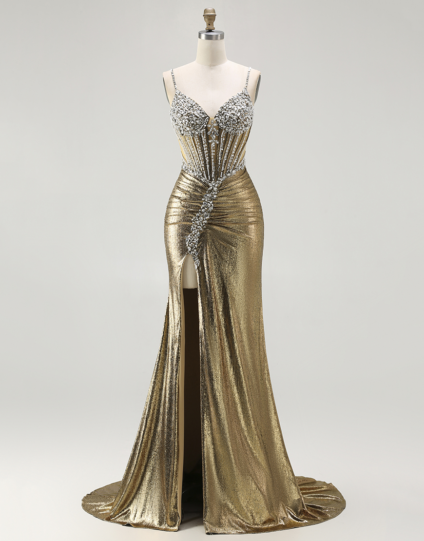 Sparkly Golden Metallic Corset Long Mermaid Prom Dress with Slit