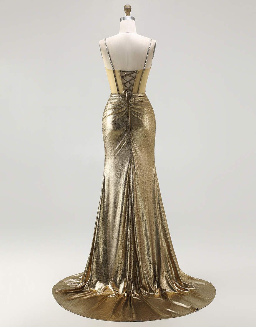 Sparkly Golden Metallic Corset Long Mermaid Prom Dress with Slit