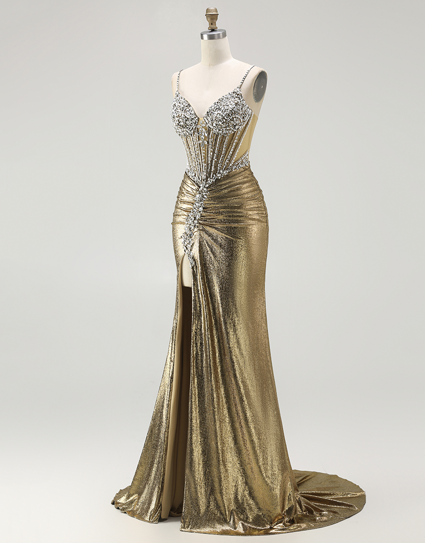 Sparkly Golden Metallic Corset Long Mermaid Prom Dress with Slit