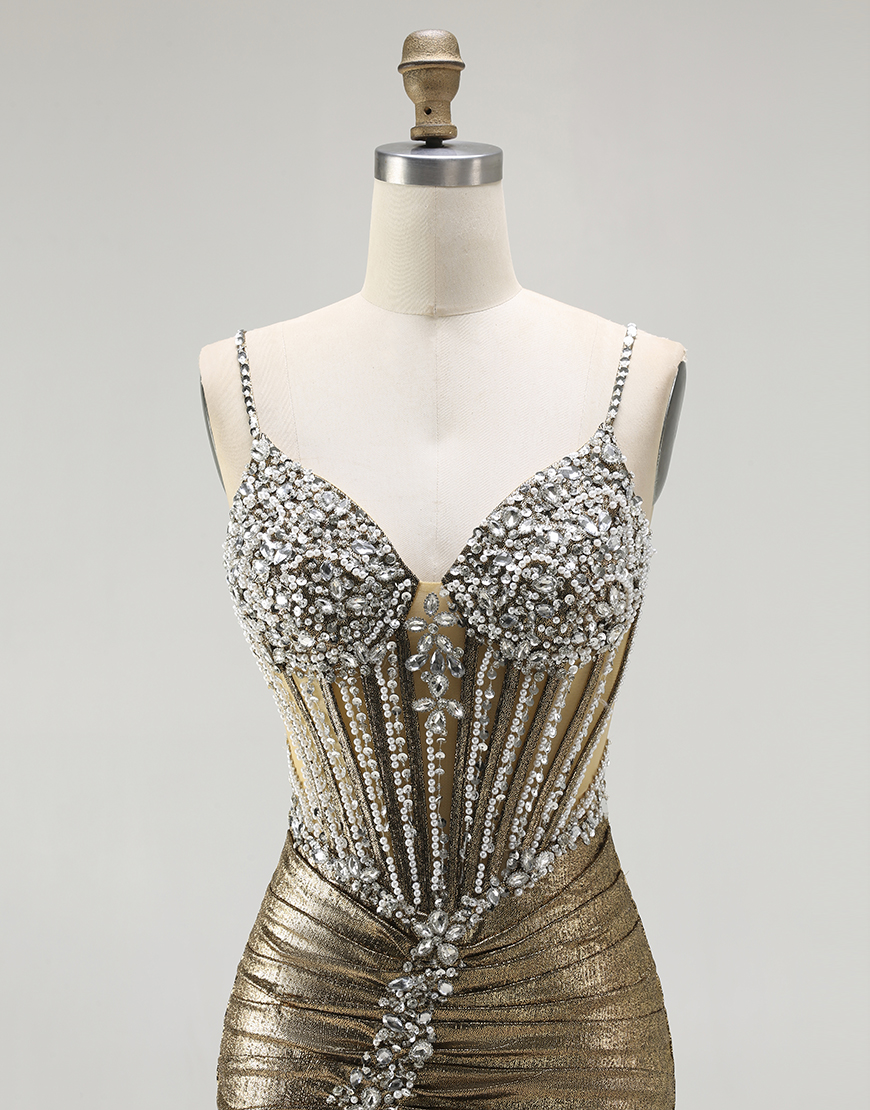Sparkly Golden Metallic Corset Long Mermaid Prom Dress with Slit