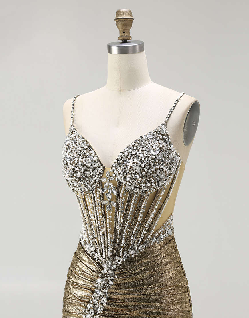 Sparkly Golden Metallic Corset Long Mermaid Prom Dress with Slit