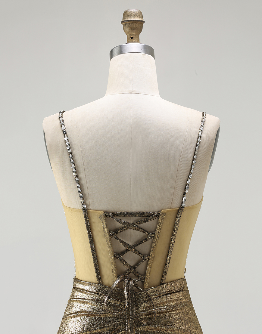 Sparkly Golden Metallic Corset Long Mermaid Prom Dress with Slit