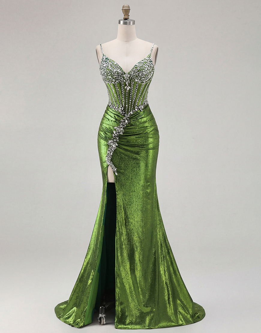 Sparkly Golden Metallic Corset Long Mermaid Prom Dress with Slit