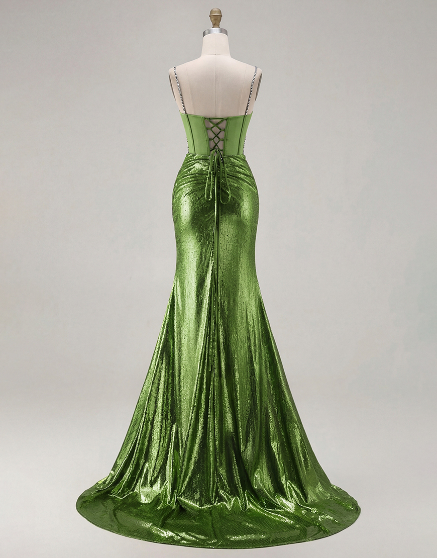 Sparkly Golden Metallic Corset Long Mermaid Prom Dress with Slit