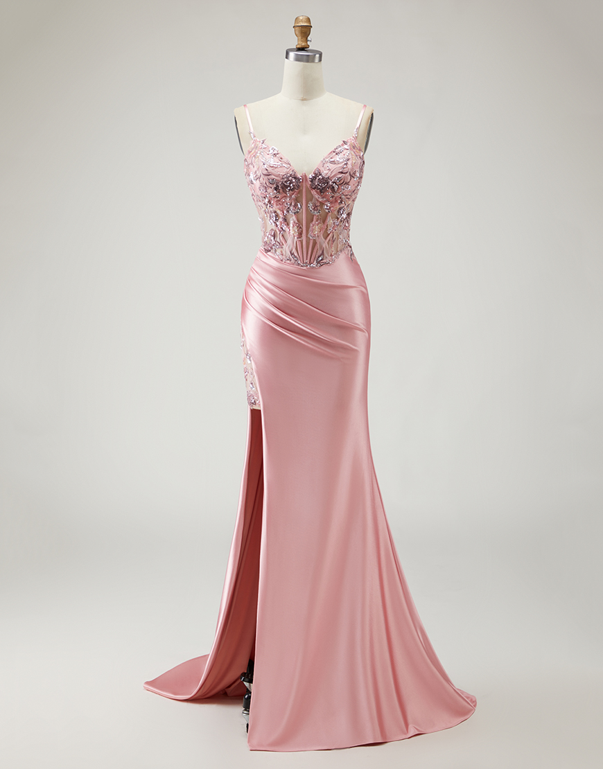 Sparkly Blush Beaded Corset Long Prom Dress with Slit