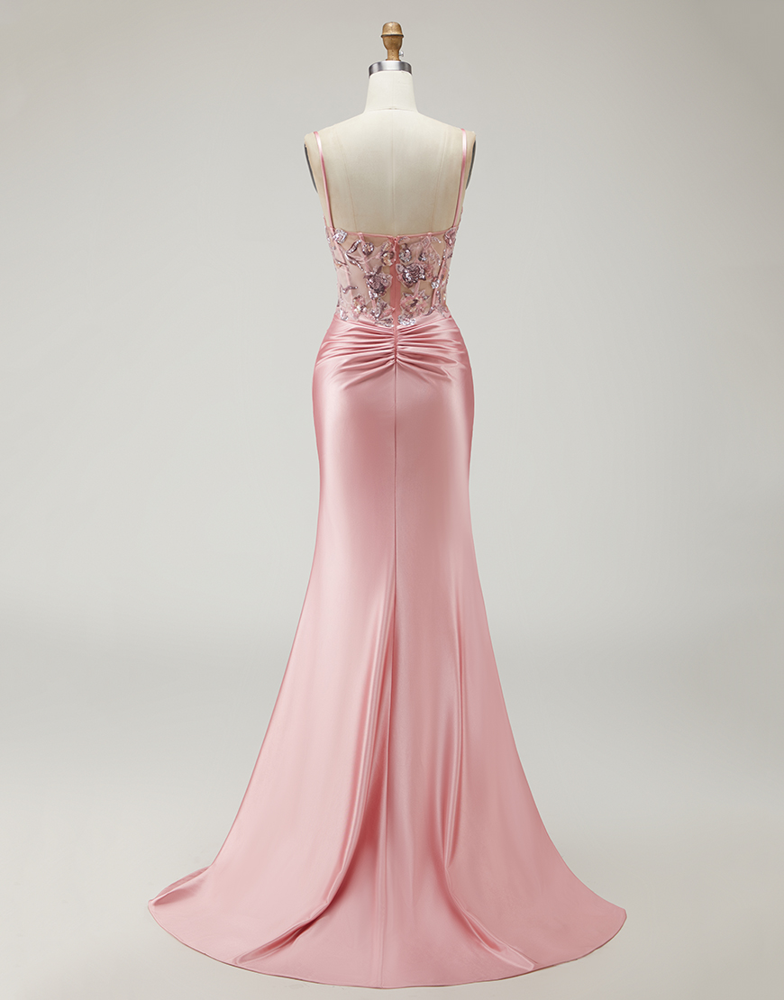 Sparkly Blush Beaded Corset Long Prom Dress with Slit