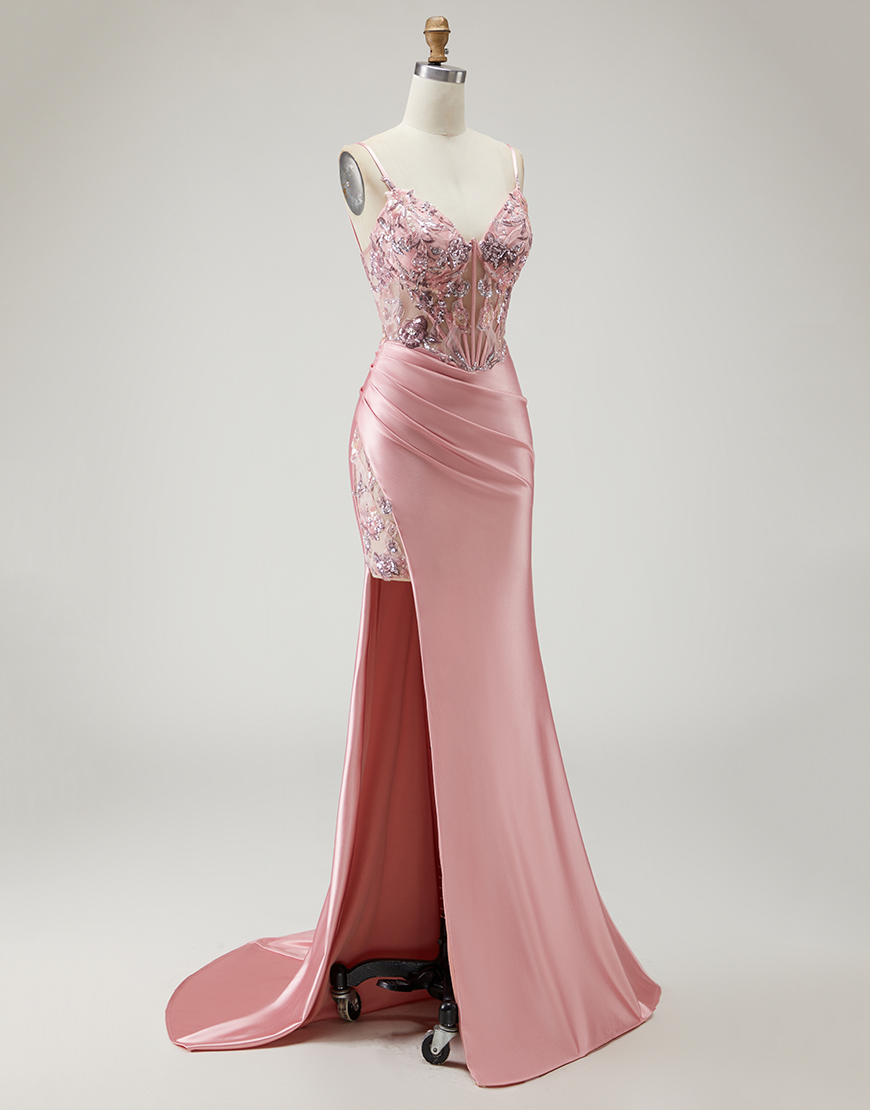 Sparkly Blush Beaded Corset Long Prom Dress with Slit