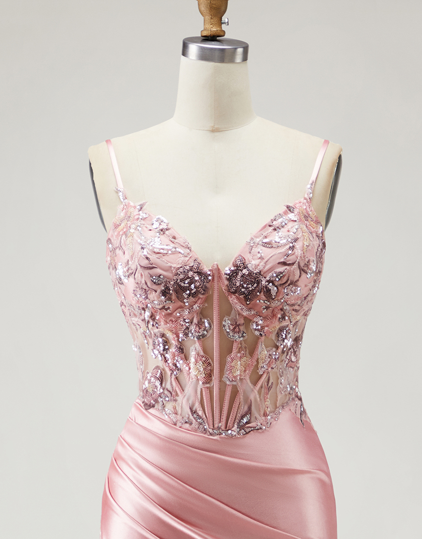 Sparkly Blush Beaded Corset Long Prom Dress with Slit
