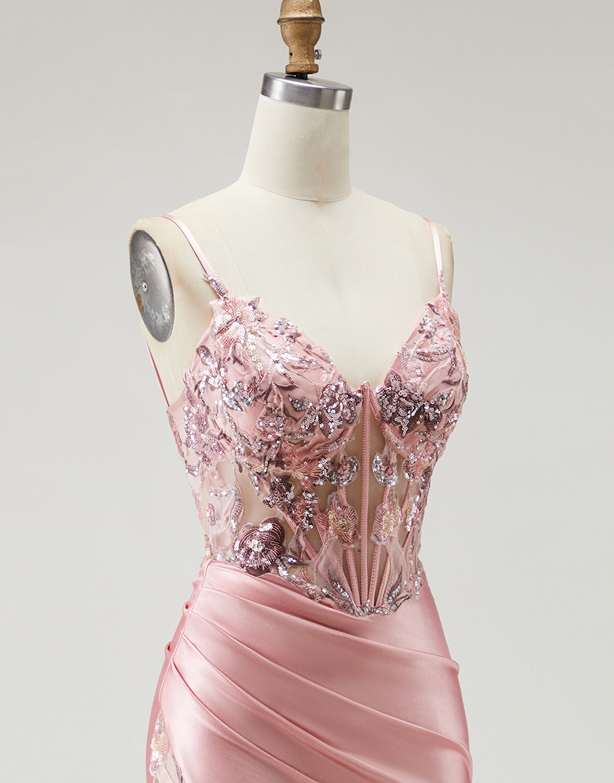 Sparkly Blush Beaded Corset Long Prom Dress with Slit