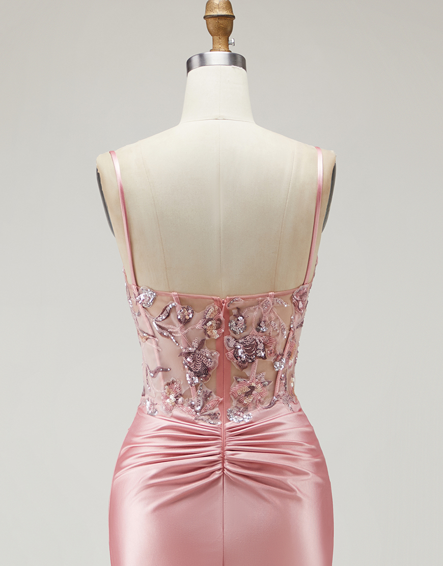 Sparkly Blush Beaded Corset Long Prom Dress with Slit