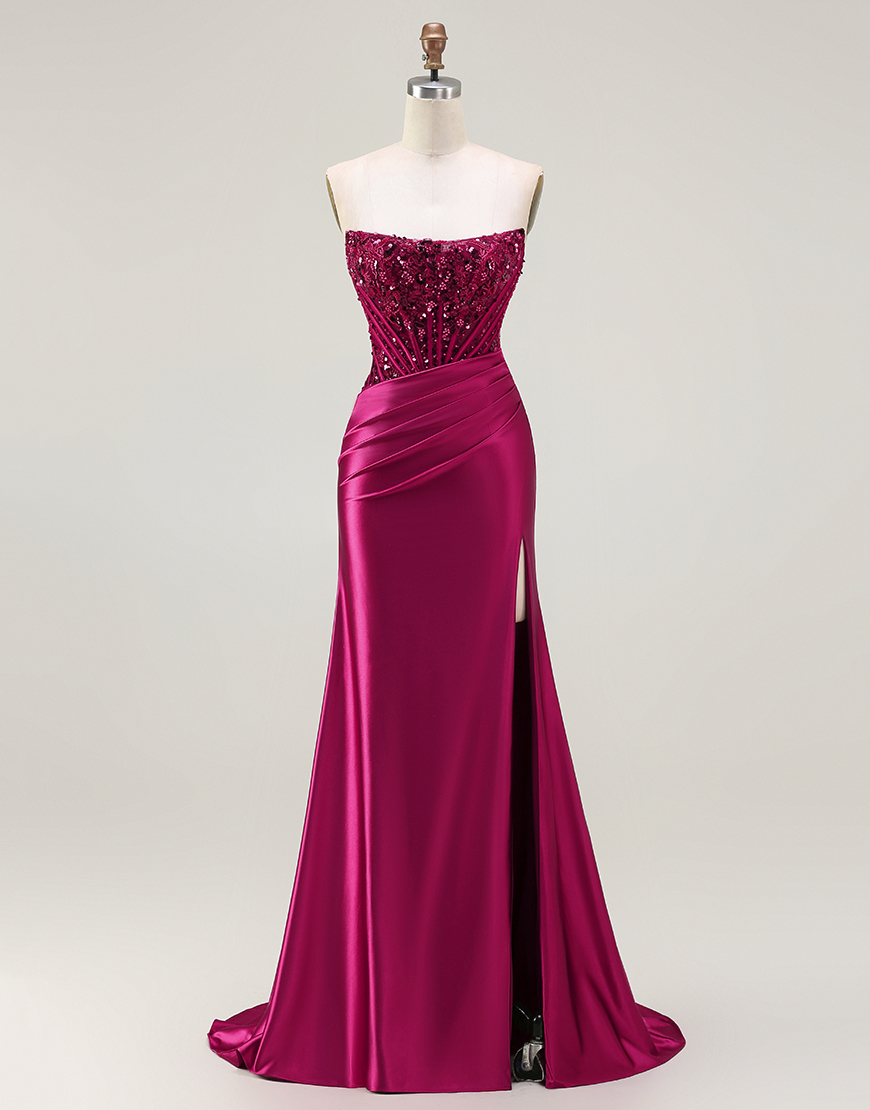 Sparkly Burgundy Beaded Long Corset Mermaid Prom Dress with Slit