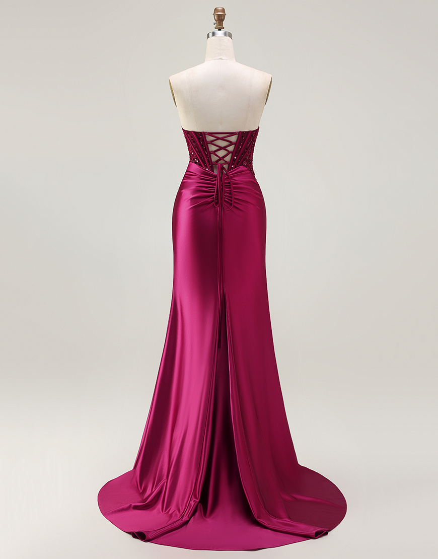 Sparkly Burgundy Beaded Long Corset Mermaid Prom Dress with Slit
