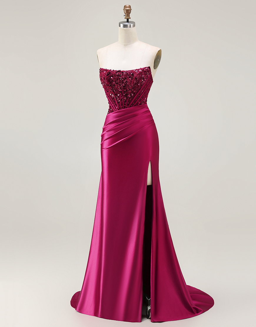 Sparkly Burgundy Beaded Long Corset Mermaid Prom Dress with Slit
