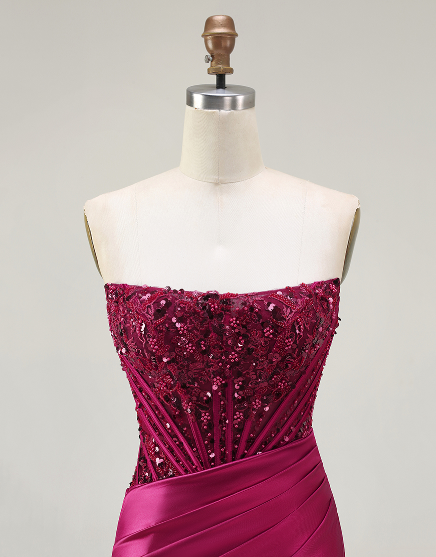 Sparkly Burgundy Beaded Long Corset Mermaid Prom Dress with Slit