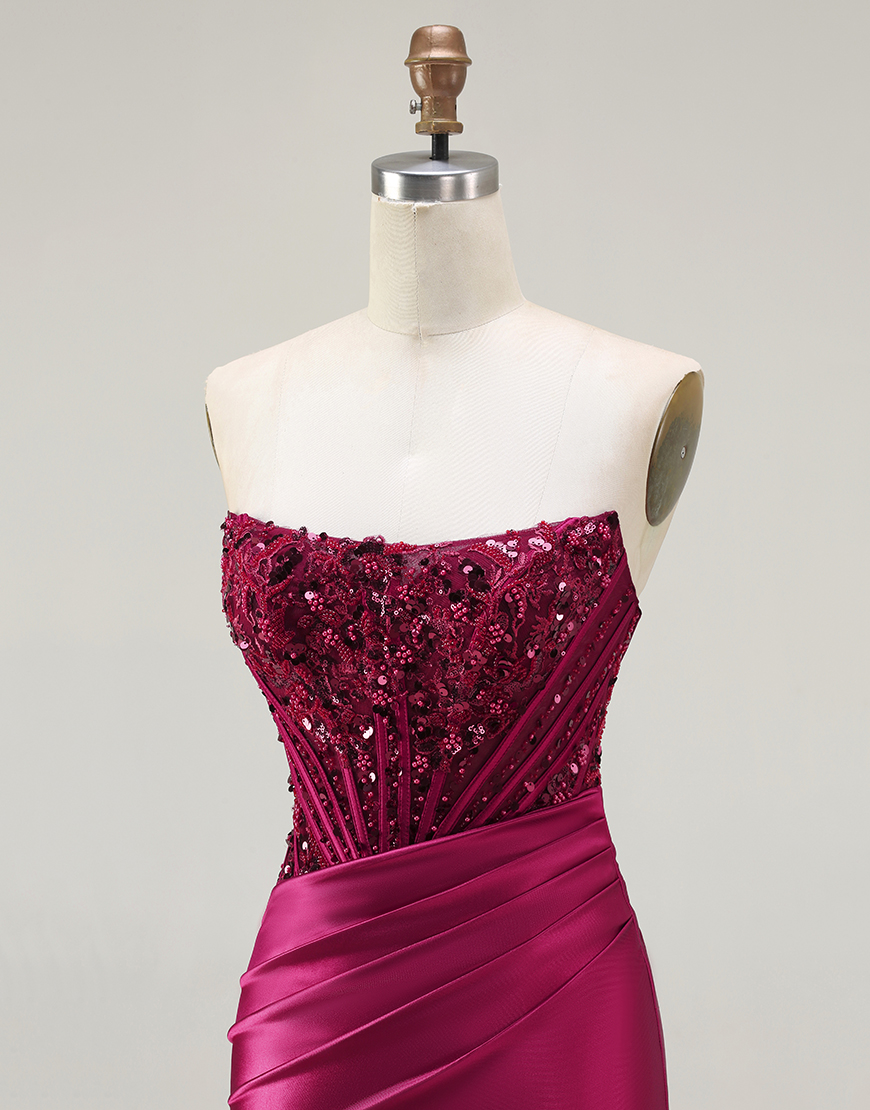 Sparkly Burgundy Beaded Long Corset Mermaid Prom Dress with Slit
