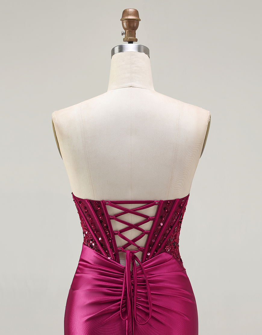 Sparkly Burgundy Beaded Long Corset Mermaid Prom Dress with Slit