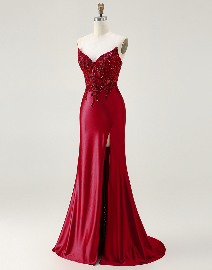 Sparkly Royal Blue Corset Appliqued Mermaid Long Prom Dress with Slit