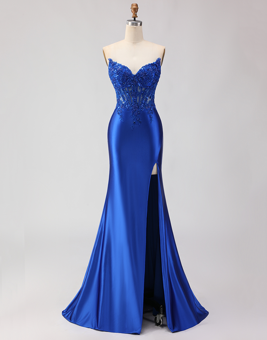 Sparkly Royal Blue Corset Appliqued Mermaid Long Prom Dress with Slit