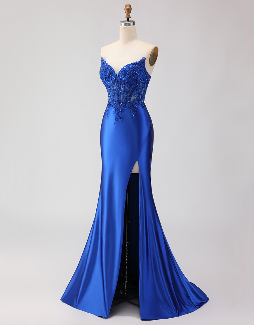 Sparkly Royal Blue Corset Appliqued Mermaid Long Prom Dress with Slit