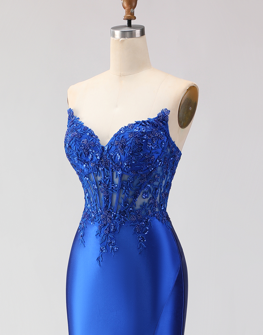 Sparkly Royal Blue Corset Appliqued Mermaid Long Prom Dress with Slit