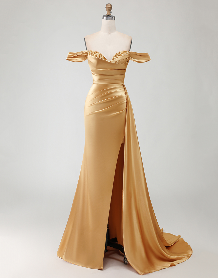 Sparkly Golden Long Mermaid Prom Dress with Side Cape