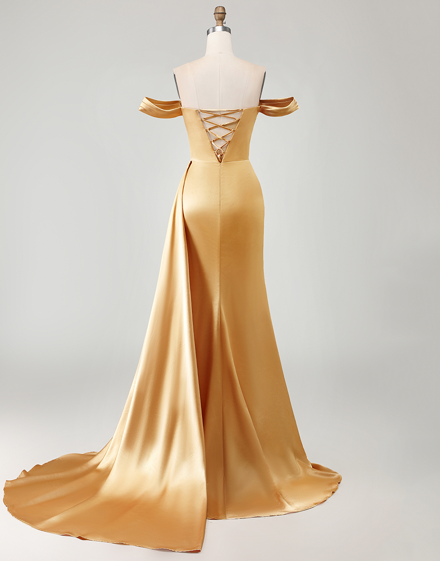 Sparkly Golden Long Mermaid Prom Dress with Side Cape