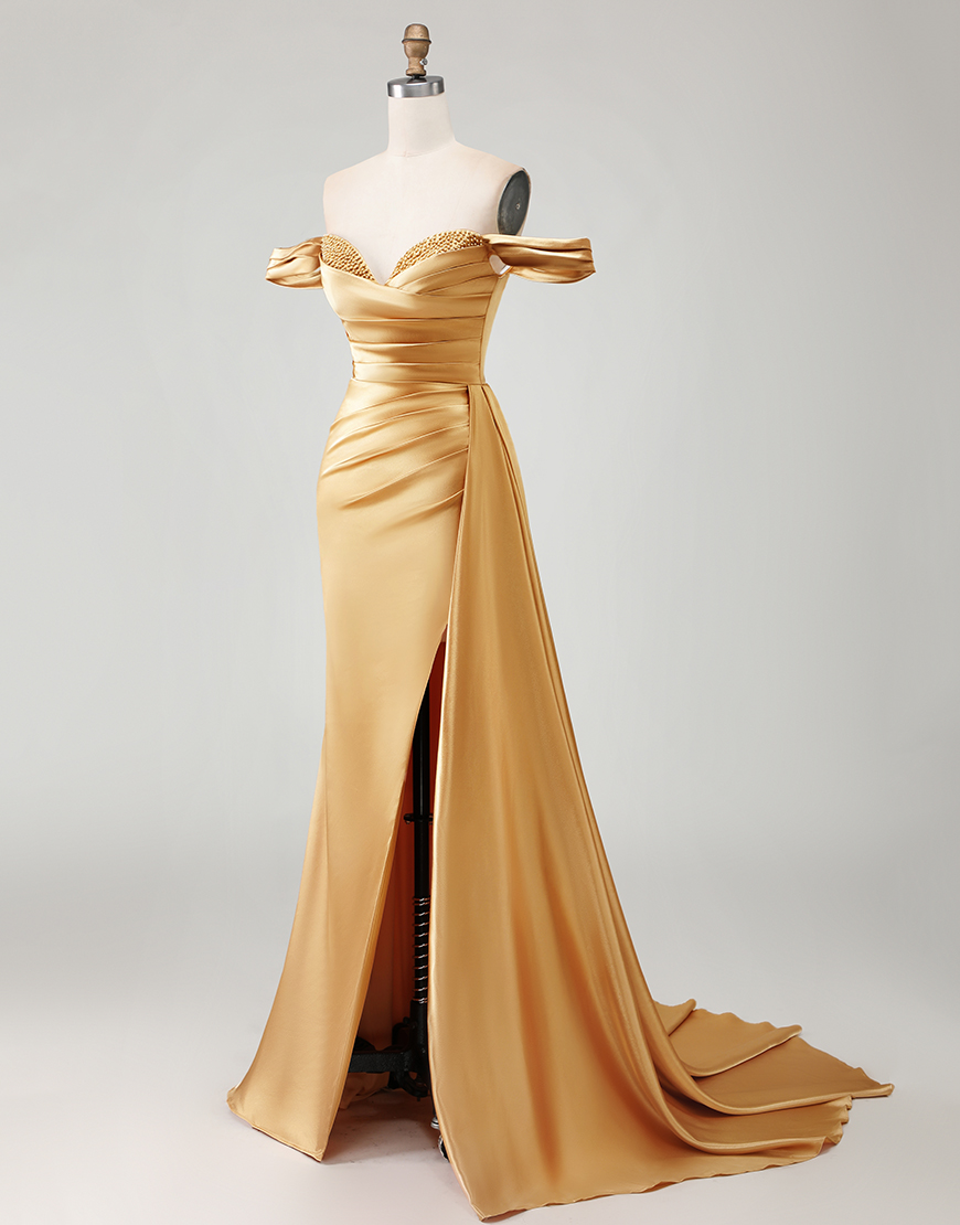 Sparkly Golden Long Mermaid Prom Dress with Side Cape