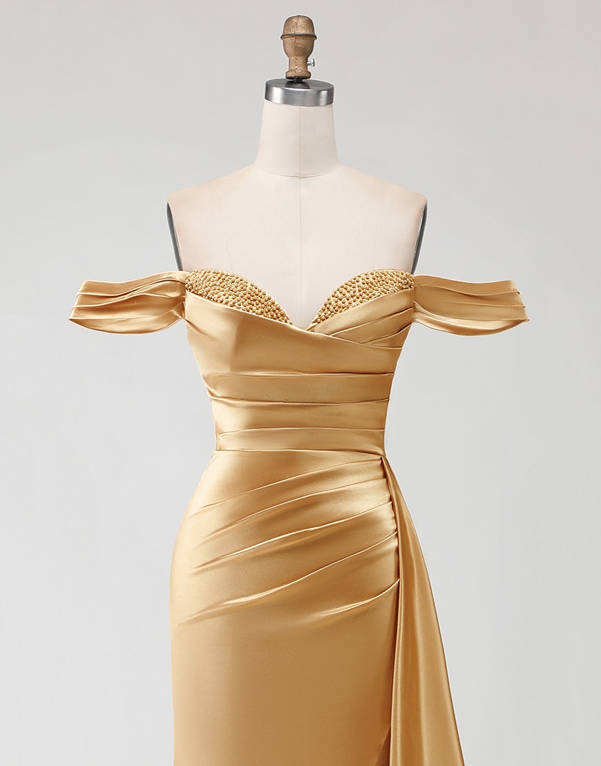 Sparkly Golden Long Mermaid Prom Dress with Side Cape