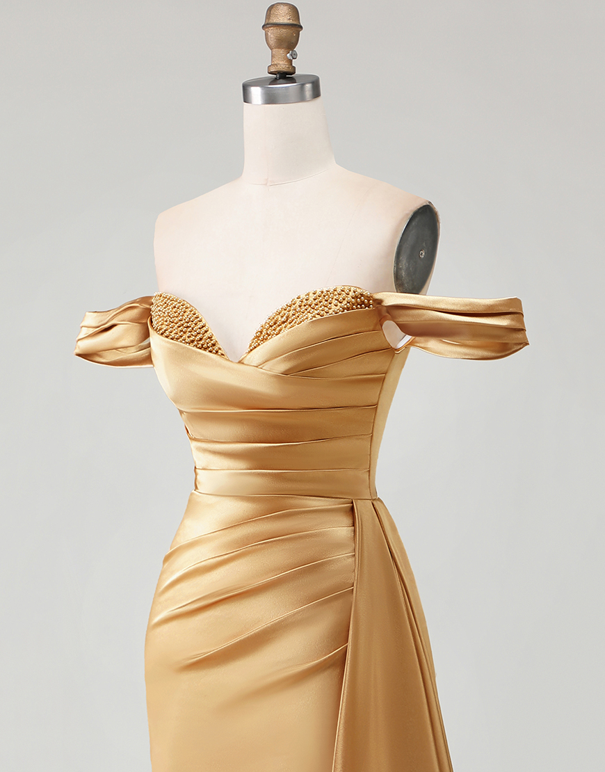 Sparkly Golden Long Mermaid Prom Dress with Side Cape