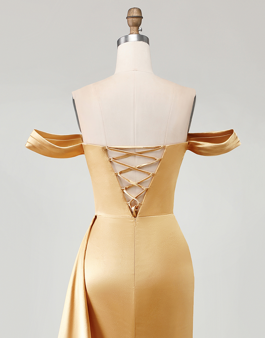 Sparkly Golden Long Mermaid Prom Dress with Side Cape