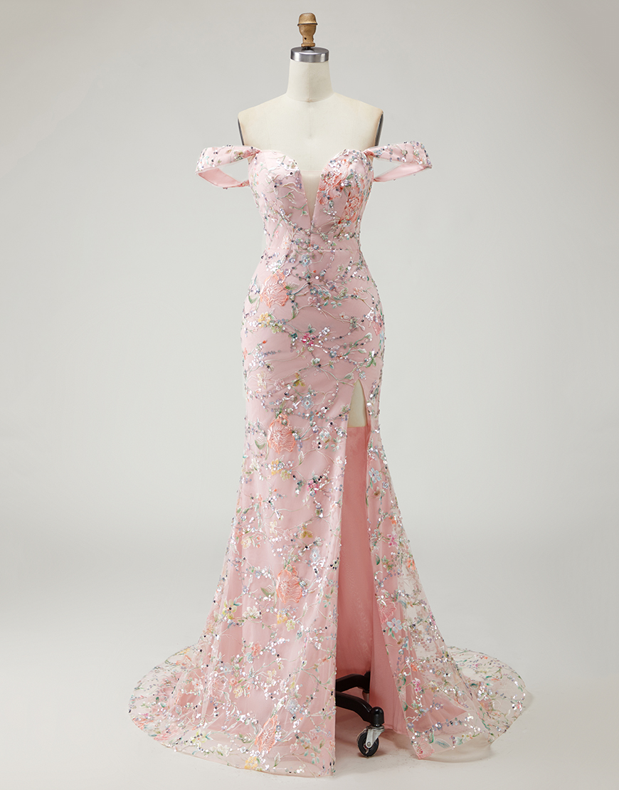 Blush Floral Long Mermaid Prom Dress with Embroidery