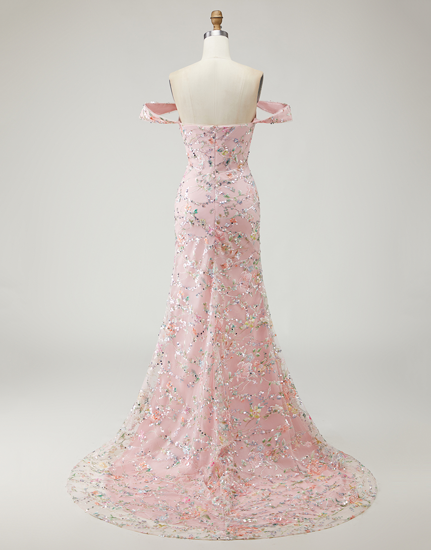 Blush Floral Long Mermaid Prom Dress with Embroidery