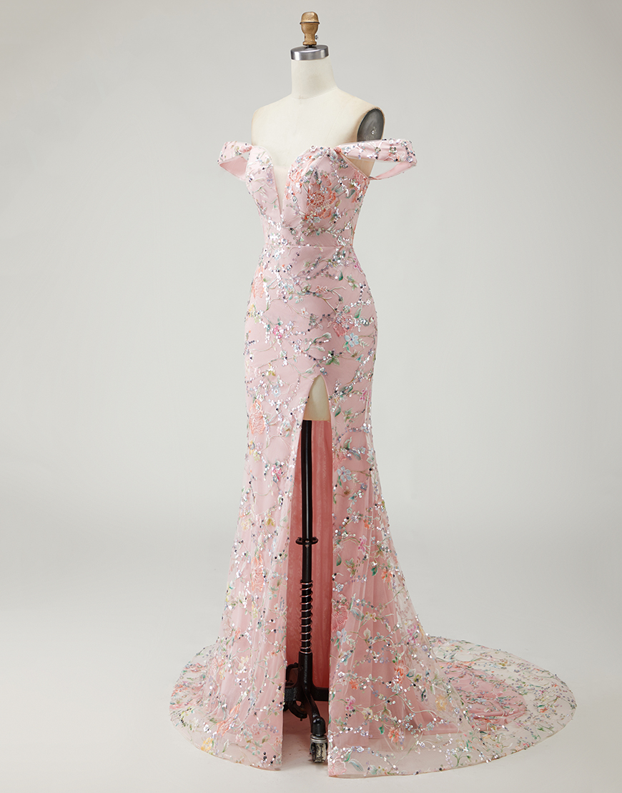 Blush Floral Long Mermaid Prom Dress with Embroidery