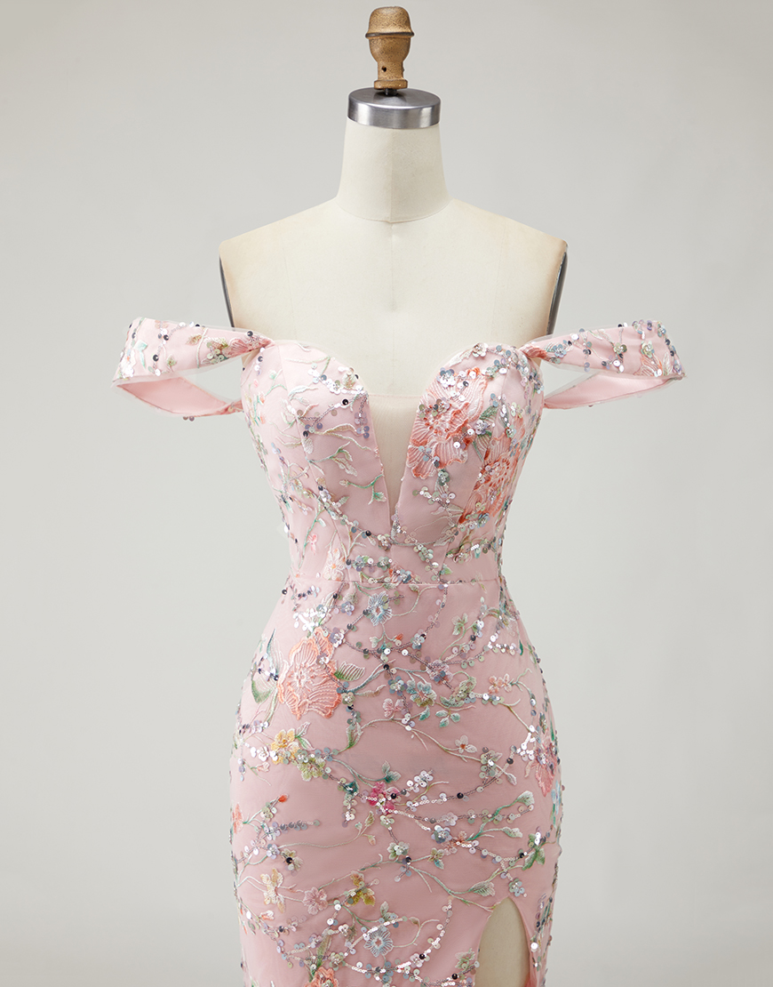 Blush Floral Long Mermaid Prom Dress with Embroidery