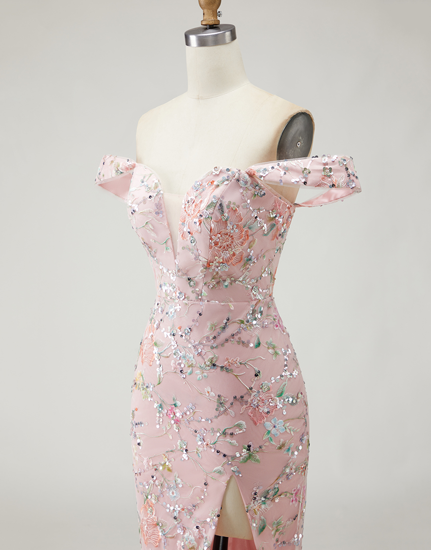 Blush Floral Long Mermaid Prom Dress with Embroidery