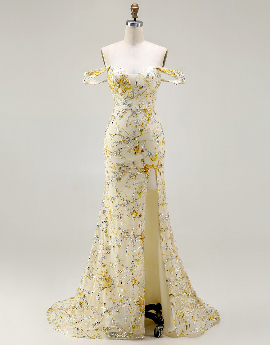 Floral Yellow Long Mermaid Prom Dress with Embroidery