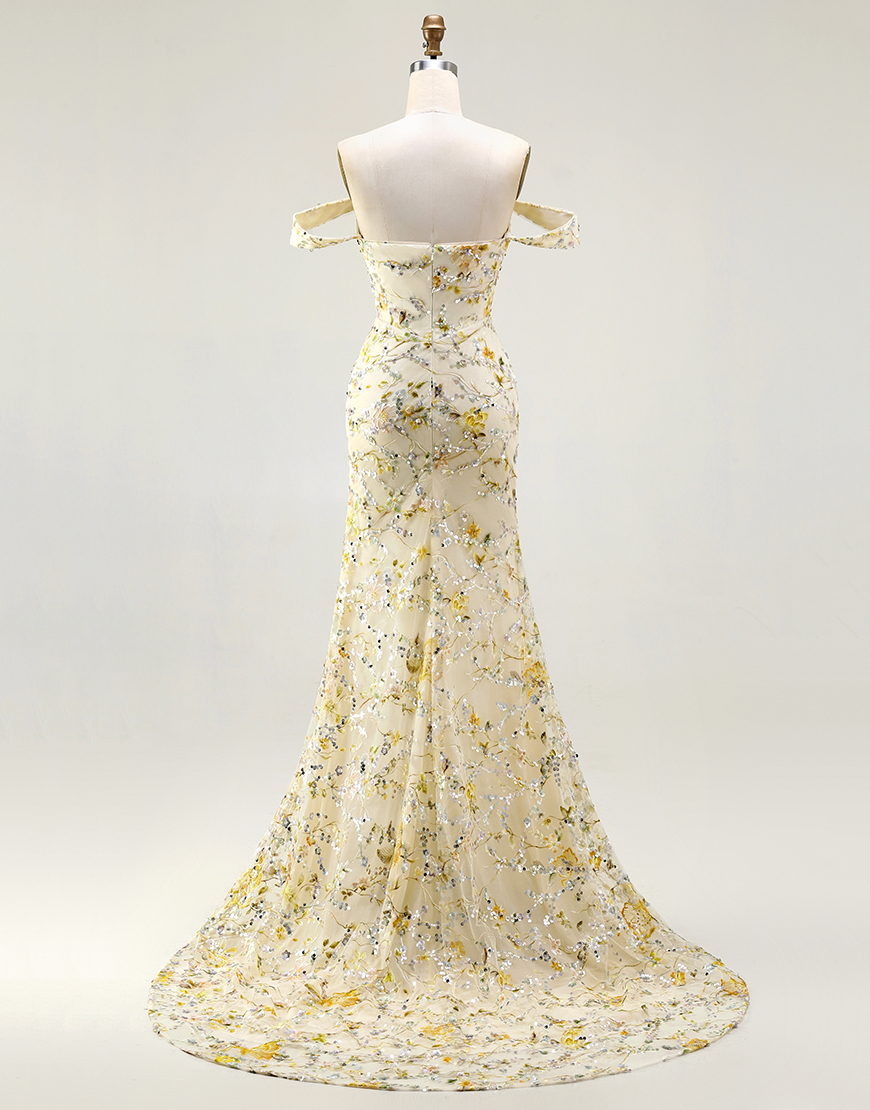 Floral Yellow Long Mermaid Prom Dress with Embroidery