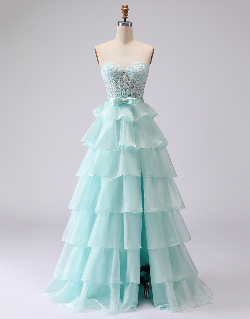 Green Corset A Line Ruffled Sweetheart Long Prom Dress with Slit