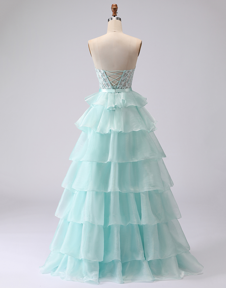 Green Corset A Line Ruffled Sweetheart Long Prom Dress with Slit