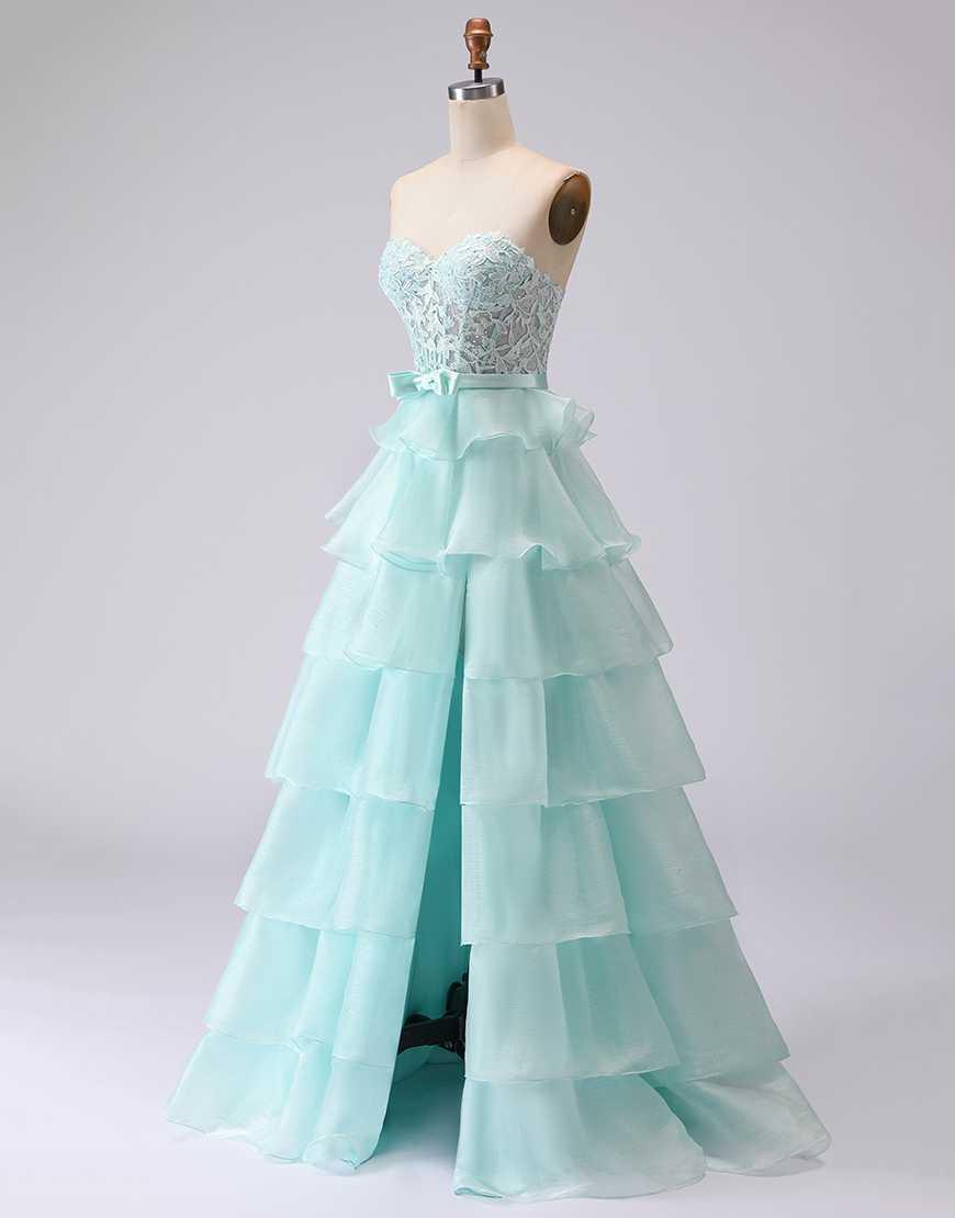 Green Corset A Line Ruffled Sweetheart Long Prom Dress with Slit