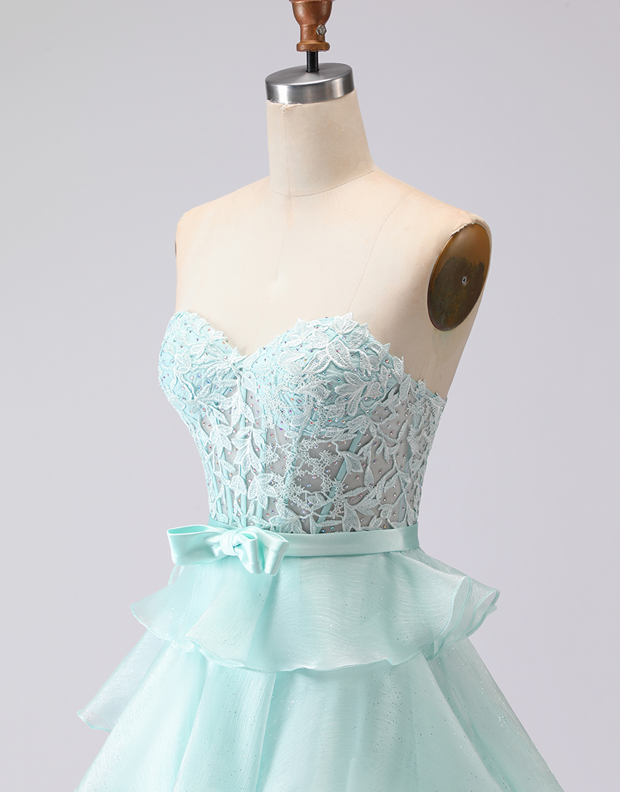 Green Corset A Line Ruffled Sweetheart Long Prom Dress with Slit